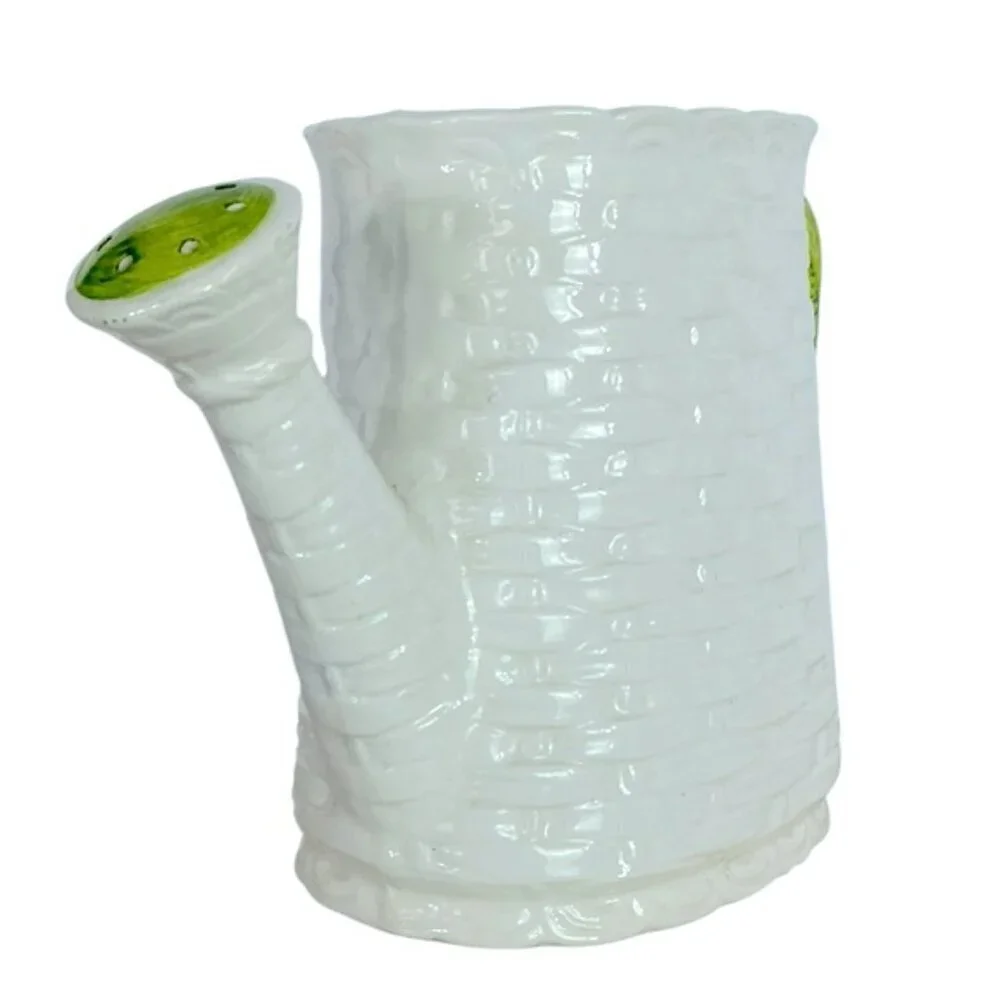 Vintage Basket Weave Ceramic Watering Can Planter Numbered Multi Use White Green